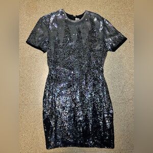 Naeem Khan Riazee Nights Silk Silver Black Sequin Mini Sheath Dress Vintage Sz M
